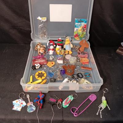 PLASTIC STORAGE CONTAINER FILLED WITH UNIQUE KEYCHAINS