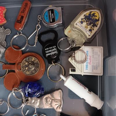 PLASTIC STORAGE CONTAINER FILLED WITH UNIQUE KEYCHAINS