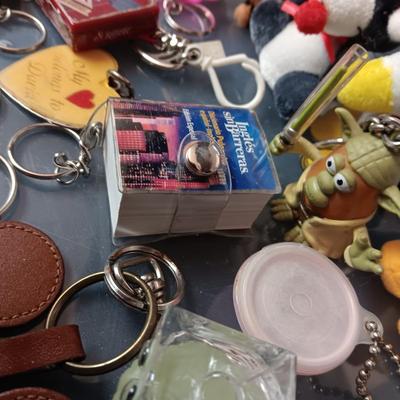 PLASTIC STORAGE CONTAINER FILLED WITH UNIQUE KEYCHAINS