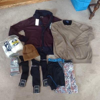 PENDLETON MENS SWEATER SIZE LARGE, GOODFELLOW SWEATER, DRESS SOCKS, UNDER ARMOUR BRIEFS