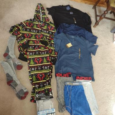 MEN'S SLEEPWEAR, TWO NEW T-SHIRTS, NEW SOCKS, UNDER ARMOUR BREIFS AND MORE