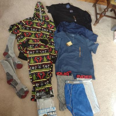 MEN'S SLEEPWEAR, TWO NEW T-SHIRTS, NEW SOCKS, UNDER ARMOUR BREIFS AND MORE