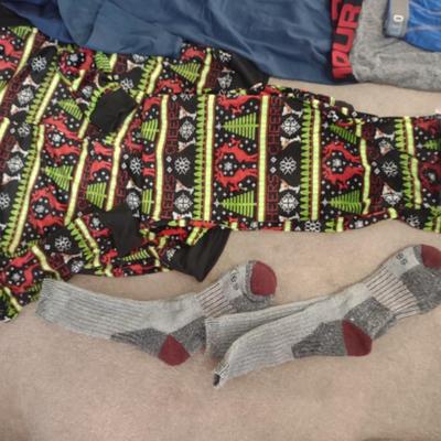 MEN'S SLEEPWEAR, TWO NEW T-SHIRTS, NEW SOCKS, UNDER ARMOUR BREIFS AND MORE