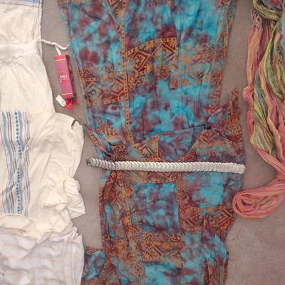 WOMENS PJ OUTFIT, COLORFUL SCARVES, MATCHING TOP AND BOTTOM