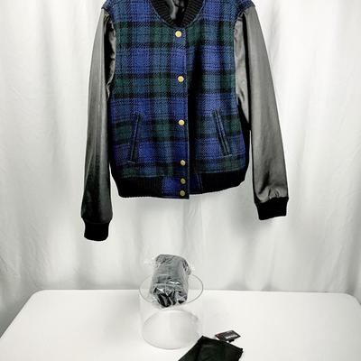 Lot N 403 J. Crew Black/Blue Plaid Varsity Bomber Jacket & Two NWT Pair of Gloves (1 leather pair)