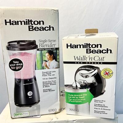 Lot S 417 NIB Hamilton Beach Dual Breakfast Sandwich Maker, Walk’n Cut Can Opener, Single Serve Blender