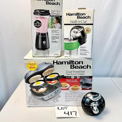 Lot S 417 NIB Hamilton Beach Dual Breakfast Sandwich Maker, Walk’n Cut Can Opener, Single Serve Blender