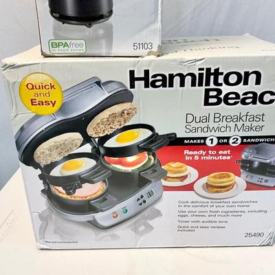 Lot S 417 NIB Hamilton Beach Dual Breakfast Sandwich Maker, Walk’n Cut Can Opener, Single Serve Blender