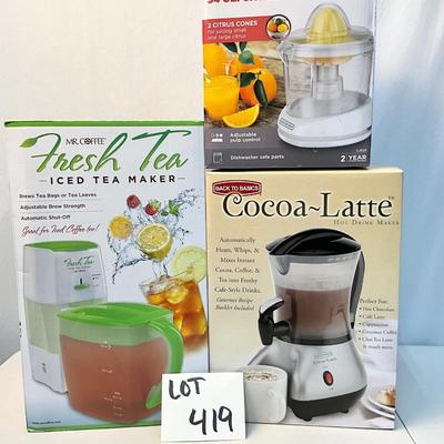 Lot S 419 NIB Mr. Coffee Fresh Tea, Iced Tea Maker /NIB Back to Basics Cocoa-Latte, Hot Drink Maker / Black&Decker 34oz Citrus Juicer