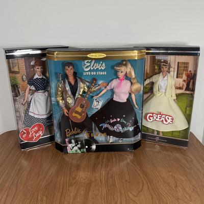 LOT 6A: Mattel Collector Dolls NRFB - Barbie Loves Elvis 2-Pack, 2004 Grease Sandy Doll & 2004 I Love Lucy Episode 45 'Sales...
