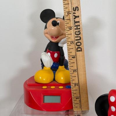 LOT 17A: Disney Mickey Mouse Racecar LED Alarm Clock, Minnie Coin Bank, Bobblehead & Mickey Alarm Clock