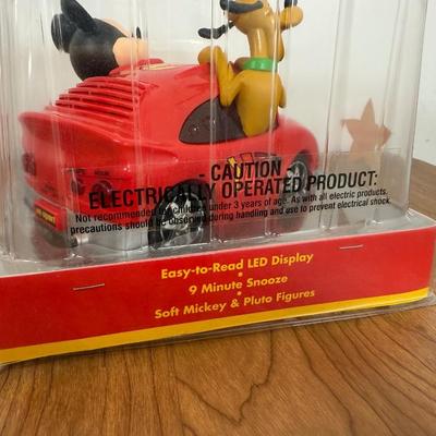 LOT 17A: Disney Mickey Mouse Racecar LED Alarm Clock, Minnie Coin Bank, Bobblehead & Mickey Alarm Clock