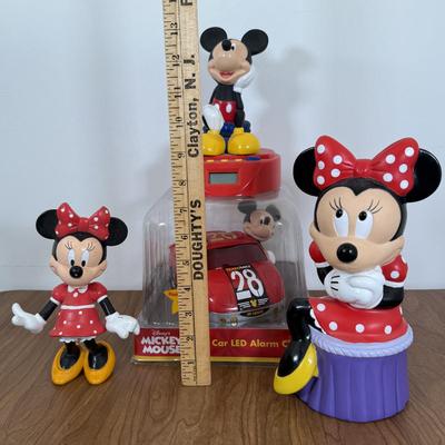 LOT 17A: Disney Mickey Mouse Racecar LED Alarm Clock, Minnie Coin Bank, Bobblehead & Mickey Alarm Clock