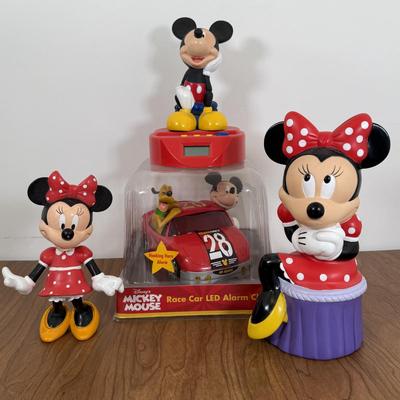 LOT 17A: Disney Mickey Mouse Racecar LED Alarm Clock, Minnie Coin Bank, Bobblehead & Mickey Alarm Clock