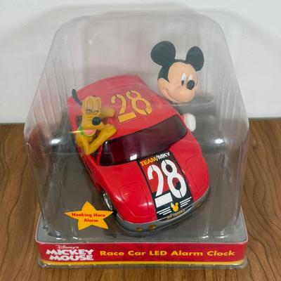 LOT 17A: Disney Mickey Mouse Racecar LED Alarm Clock, Minnie Coin Bank, Bobblehead & Mickey Alarm Clock