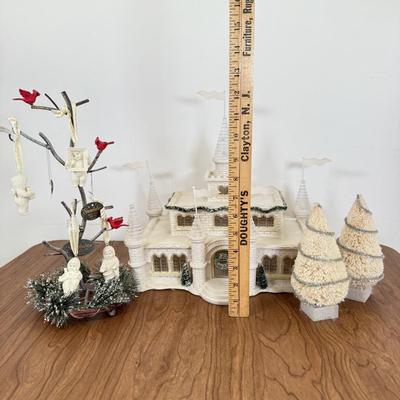 LOT 21B: Department 56 Snowbabies - Frosty Frolic Ice Palace, Ornaments w/ Cardinal Display Tree & Cream Bottle Brush Trees