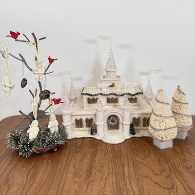 LOT 21B: Department 56 Snowbabies - Frosty Frolic Ice Palace, Ornaments w/ Cardinal Display Tree & Cream Bottle Brush Trees