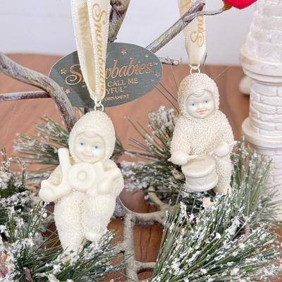 LOT 21B: Department 56 Snowbabies - Frosty Frolic Ice Palace, Ornaments w/ Cardinal Display Tree & Cream Bottle Brush Trees