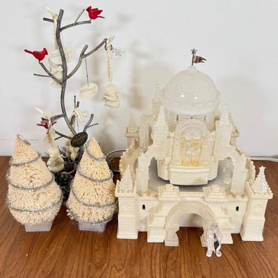 LOT 22B: Department 56 Snowbabies - Crystal Ice Palace, Ornaments w/ Cardinal Display & Cream Bottle Brush Trees