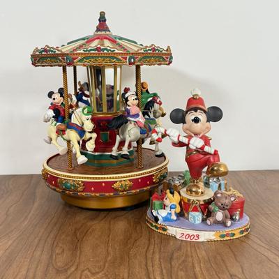 LOT 40B: Disney Mr. Christmas Mickey Holiday Go Round & Porcelain 2003 Mickey Santa Statue