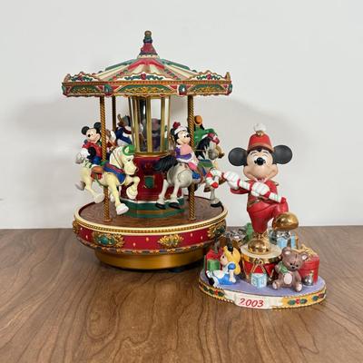 LOT 40B: Disney Mr. Christmas Mickey Holiday Go Round & Porcelain 2003 Mickey Santa Statue