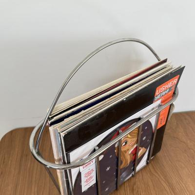 LOT 49B: Vinyl Record Collection w/ Metal Magazine Rack - Mariah Carey, Britney Spears, Gwen Stefani, Beyonce & More
