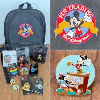 LOT 50A: Walt Disney World Pin Trading Bag w/ Collection of Disney Trading Pins including LE500 Mickey Dancing w/ Minnie Playing Piano