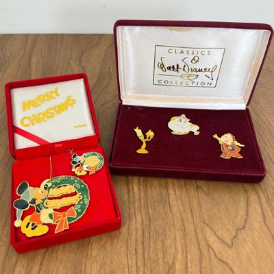 LOT 51A: Walt Disney Classics Collection Beauty and the Beast Pin Set in Case & Limited Edition Mickey Merry Christmas Pin and...