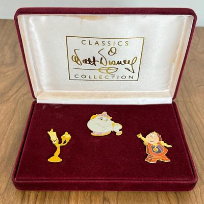 LOT 51A: Walt Disney Classics Collection Beauty and the Beast Pin Set in Case & Limited Edition Mickey Merry Christmas Pin and...