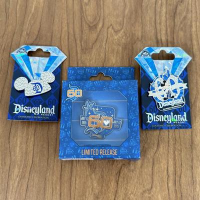 LOT 52A: Disneyland 60th Anniversary Trading Pins - Limited Release in Box, Ear Hat & Mickey