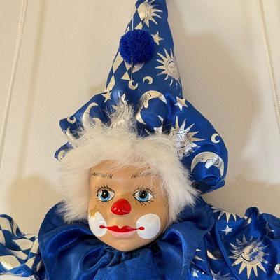 LOT 76B: Vintage Collector's Choice Pierrot Harlequin Clown Jester Doll, Clown Marionette on Swing & Pink Vintage Clown Music Box