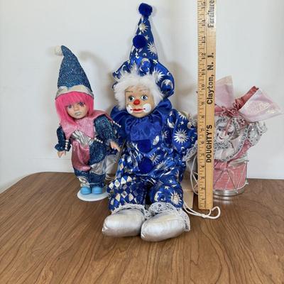 LOT 76B: Vintage Collector's Choice Pierrot Harlequin Clown Jester Doll, Clown Marionette on Swing & Pink Vintage Clown Music Box