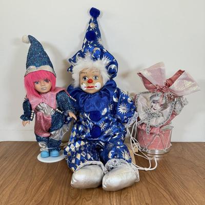 LOT 76B: Vintage Collector's Choice Pierrot Harlequin Clown Jester Doll, Clown Marionette on Swing & Pink Vintage Clown Music Box