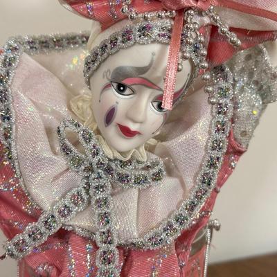 LOT 76B: Vintage Collector's Choice Pierrot Harlequin Clown Jester Doll, Clown Marionette on Swing & Pink Vintage Clown Music Box