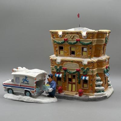 LOT 98B: Vintage Disney Main St Post Office Christmas Village Ceramic House w/ Figurine