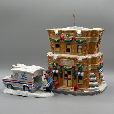 LOT 98B: Vintage Disney Main St Post Office Christmas Village Ceramic House w/ Figurine
