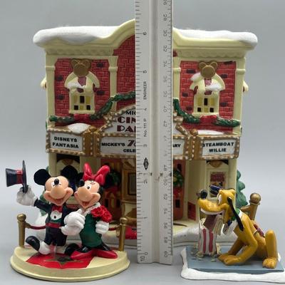 LOT 99B: Vintage Mickeys Cinema Place Christmas Village Ceramic House w/ Figurines