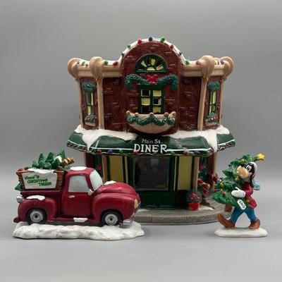 LOT 100B: Vintage Disney Main St Diner Christmas Village Ceramic House w/ Figurines