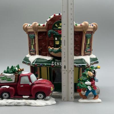 LOT 100B: Vintage Disney Main St Diner Christmas Village Ceramic House w/ Figurines