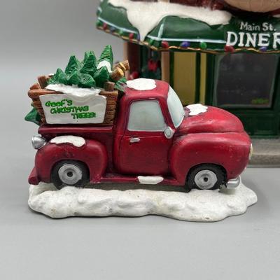 LOT 100B: Vintage Disney Main St Diner Christmas Village Ceramic House w/ Figurines