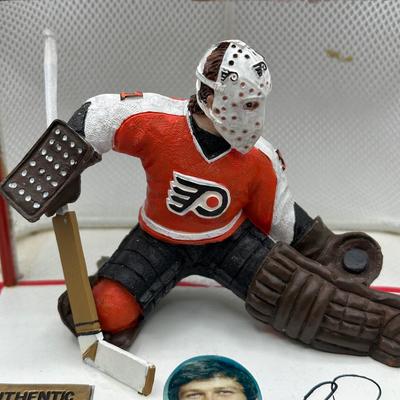 LOT 155B: Philadelphia Flyers Collection - Bernie Parent Figurine in Box, Poster & More