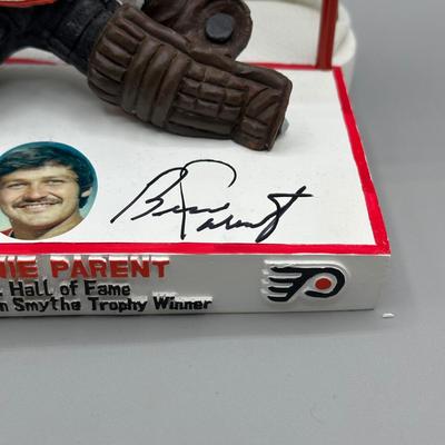 LOT 155B: Philadelphia Flyers Collection - Bernie Parent Figurine in Box, Poster & More