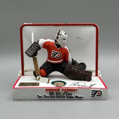 LOT 155B: Philadelphia Flyers Collection - Bernie Parent Figurine in Box, Poster & More