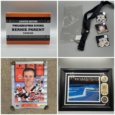 LOT 155B: Philadelphia Flyers Collection - Bernie Parent Figurine in Box, Poster & More