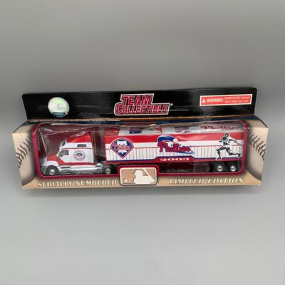 LOT 211 B: Philadelphia Phillies Veterans Stadium Collection: Limited Edition Magazine, Trading Cards, Pins, Die-Cast Tractor Trailer,...