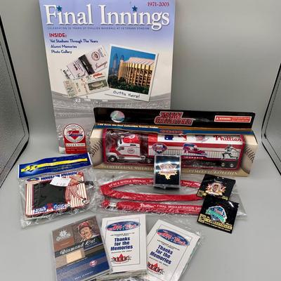 LOT 211 B: Philadelphia Phillies Veterans Stadium Collection: Limited Edition Magazine, Trading Cards, Pins, Die-Cast Tractor Trailer,...