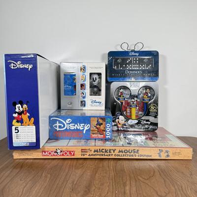 LOT 221B: Collection of Disney Games & Puzzles - Sealed Mickey Mouse Monopoly, Dominoes, Sealed Upper Deck Treasures Collectible...