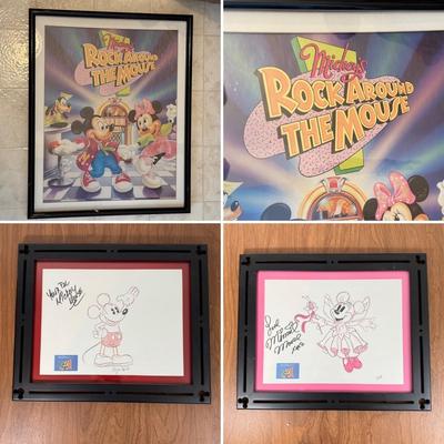 LOT 228A: Framed Disney Art - Mickey's Rock Around the Mouse & Mickey and Minnie Autographed Sketch Prints