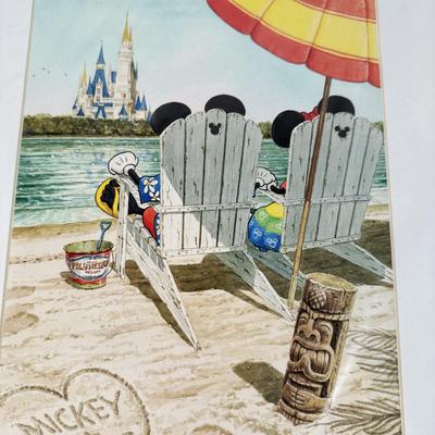 LOT 229B: Disney Home Decor - David Doss Wish You Were Here Beach Print, Minnie Princess Lamp & Canvas Prints