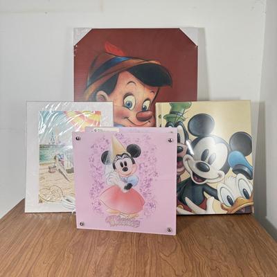 LOT 229B: Disney Home Decor - David Doss Wish You Were Here Beach Print, Minnie Princess Lamp & Canvas Prints